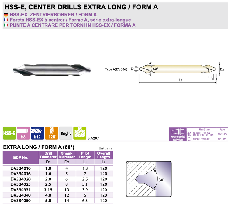 CD-XL - Κεντραδόρος Τρυπάνι Τόρνου Extra Long Form A 60°