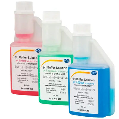 Σετ PCE Instruments PCE-PH4710-250: 3 διαλύματα βαθμονόμησης pH 4/7/10 σε φιάλες 250 ml (κόκκινο, πράσινο, μπλε)