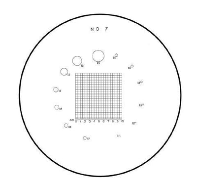 Template 7 Hogetex LOTE7-10x-D35 για λούπες 10x Ø35 mm, κυκλικός δίσκος με πλέγμα και οπές μέτρησης