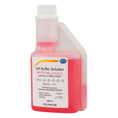Διάλυμα βαθμονόμησης pH4 PCE Instruments PCE-PH4, μπουκάλι 250 ml με κόκκινο υγρό και λευκό καπάκι