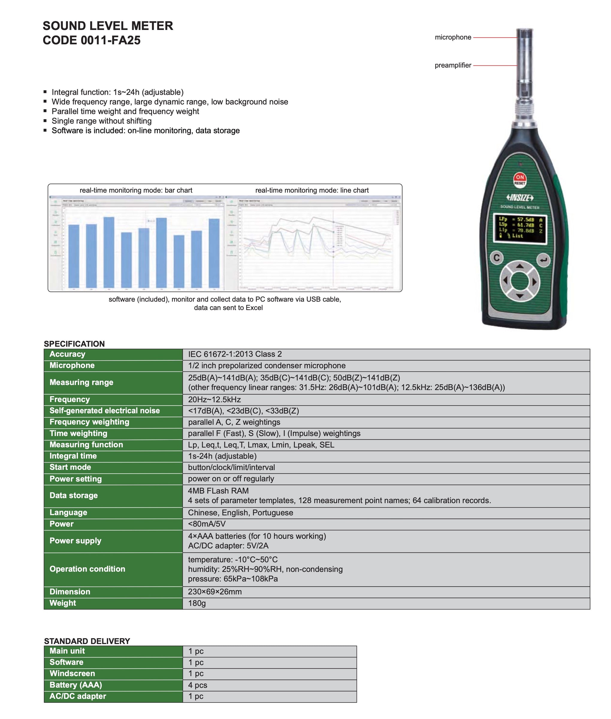 Environmental Sound Level Meter Class II - Memory - USB - Lp, Leq, Lmi ...