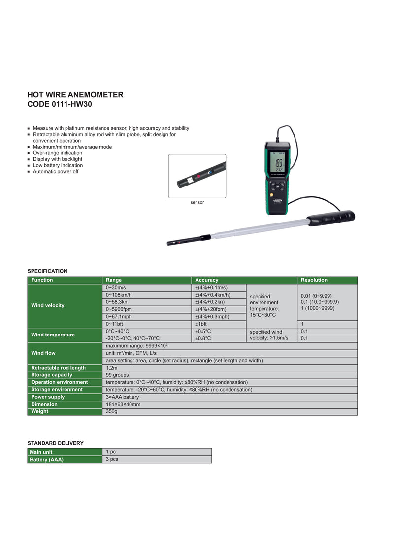Anemometer - Air Flow Meter - Thermometer - Hot Wire (for very low speeds)