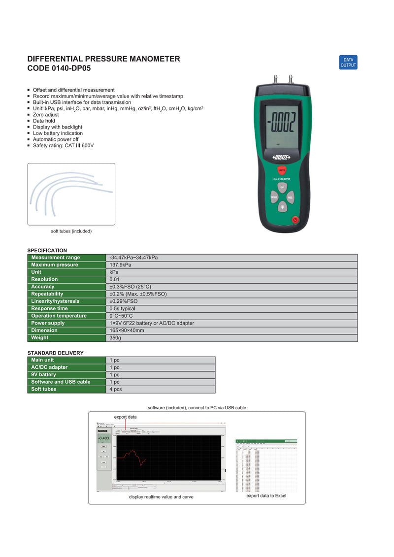 Ψηφιακο Διαφορικο Μανόμετρο από -0.340 έως 0.340 bar - Ανάγνωση 1 mbar