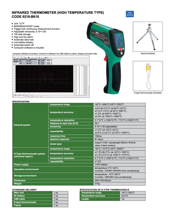 Θερμόμετρο Υπερύθρων Laser έως 1850°C + Θερμοστοιχείο Κ Insize