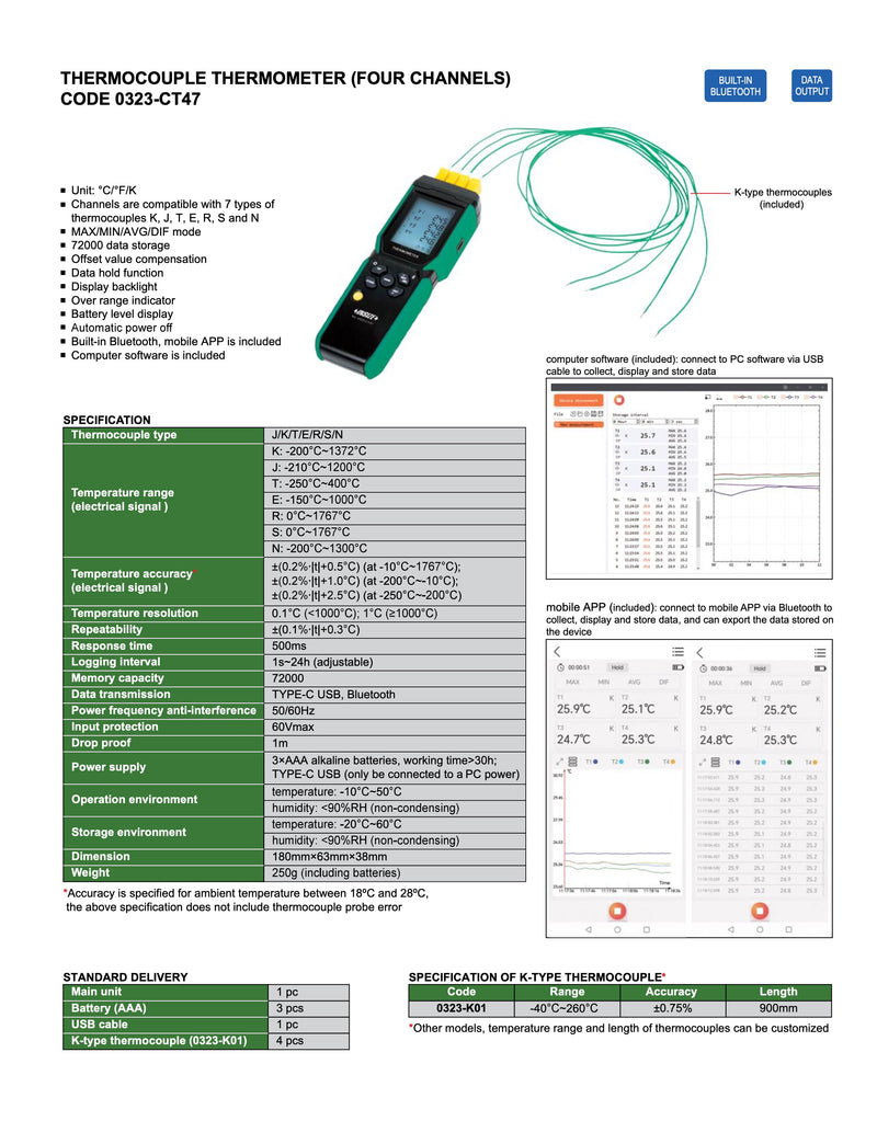 Θερμόμετρο 4 θερμοστοιχείων Ψηφιακό -250...1767 °C Insize