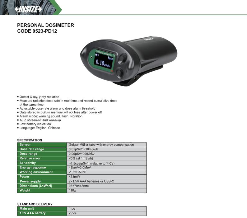 Geiger Counter - Dosimeter - Gamma(γ) Detection, X-rays, Built-in Memory, Alarm