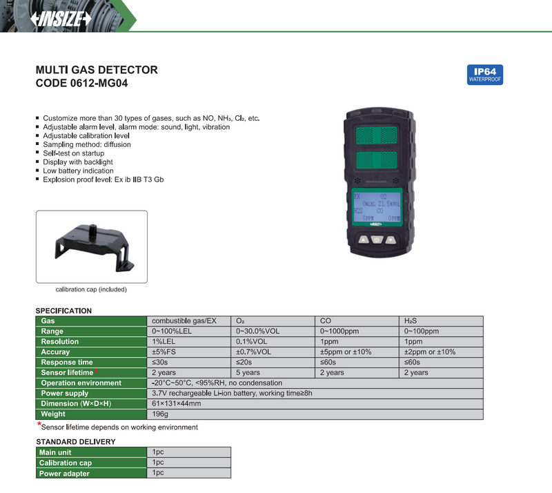 Aνιχνευτής πολλαπλών αερίων για: Εύφλεκτα αέρια - Οξυγόνο - Μονοξείδιο - Υδρόθειο