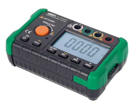 Μετρητής αντίστασης γείωσης Insize 0716, μαύρο-πράσινο όργανο με μεγάλη οθόνη LCD και πορτοκαλί κουμπί TEST