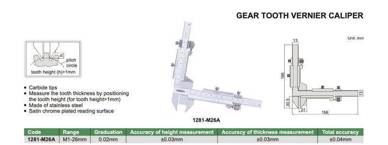 Παχύμετρο για Γραναζια M1-26 mm Insize
