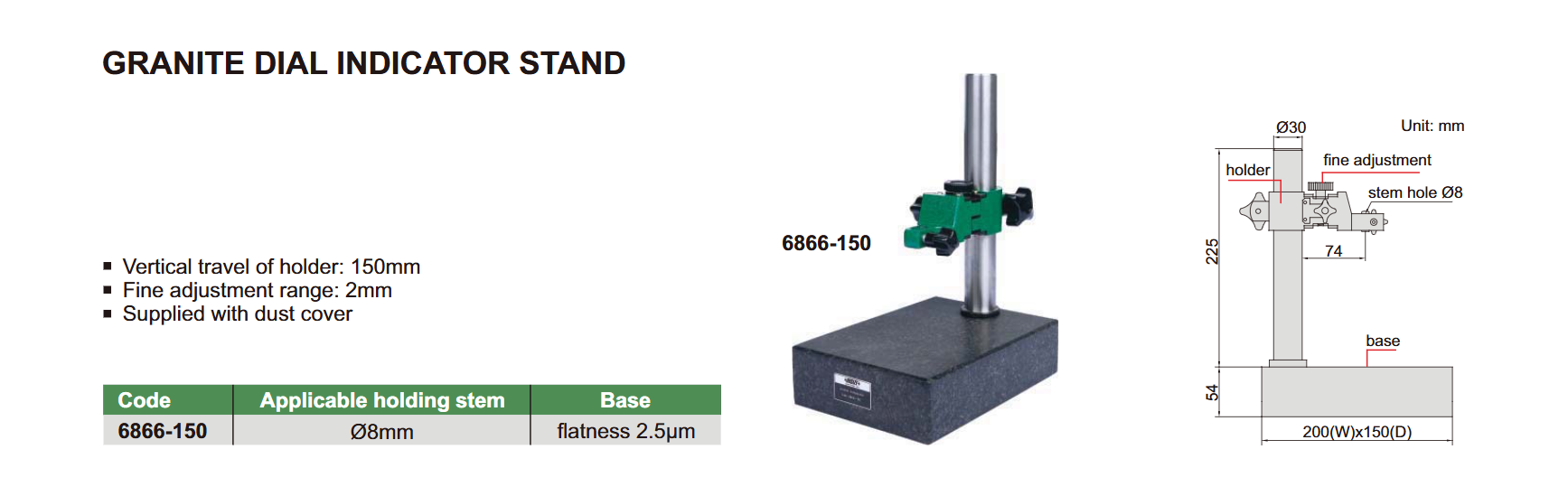 Granite dial indicator stand - Fine adjustment 2 mm