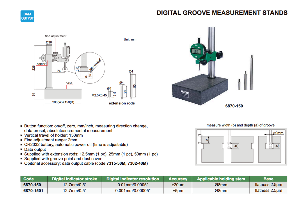 Digital groove measurement stand with Micro-Adjustment 2mm - Granite - Data Output