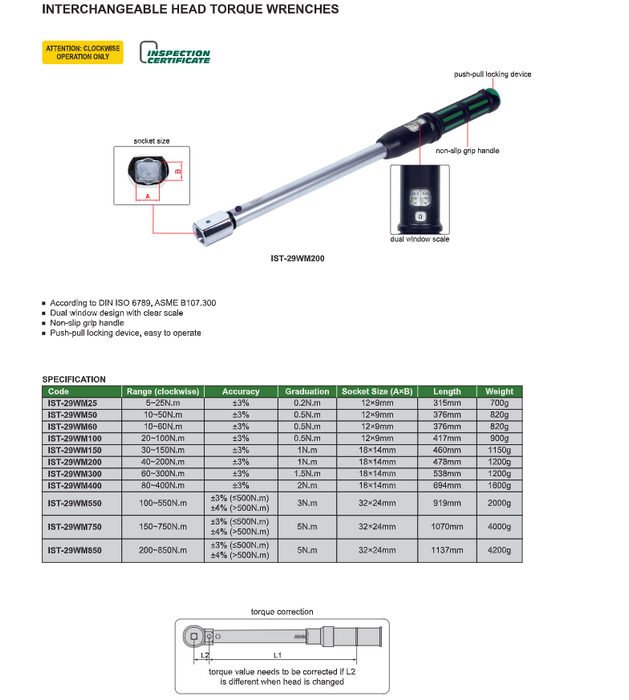 Torque wrench with interchangeable heads Dual Window Scale