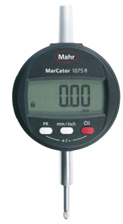 Ψηφιακό μετρητικό ρολόι Mahr MarCator 1075 R, στρογγυλό μαύρο σώμα με οθόνη LCD και πλήκτρα PR/mm-inch/OI