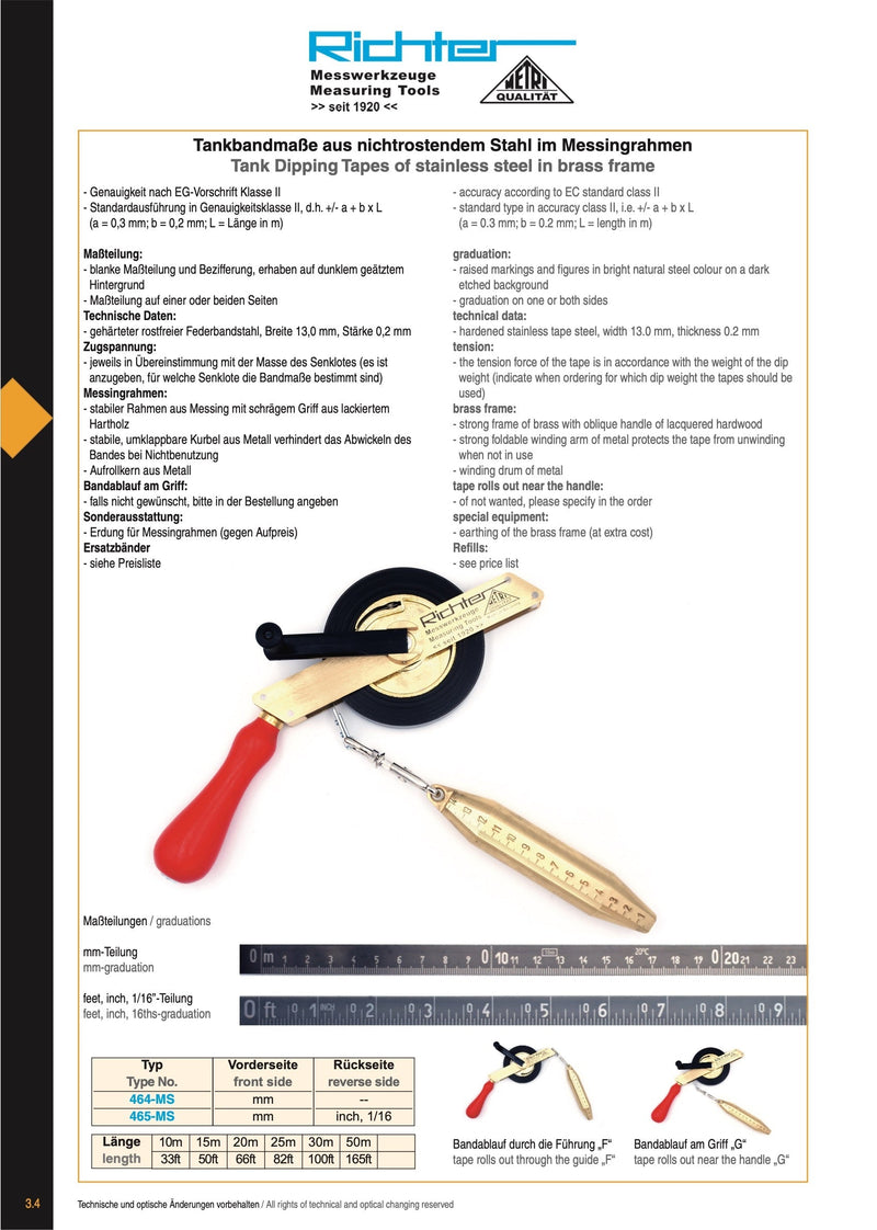 Technical specifications 464-MS-103 - Stainless Steel Tank Dipping Tape - Brass Frame (p. 1)