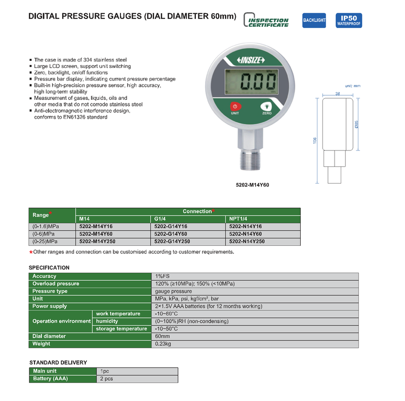Digital Pressure Gauge Ø60mm - Waterproofing IP50 - Bottom Thread