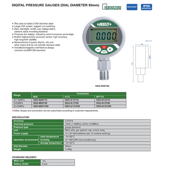 Digital Pressure Gauge Ø80mm - Waterproofing IP50 - Bottom Thread