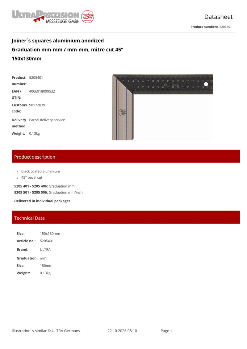 Τεχνικό φυλλάδιο (datasheet) Ultra 5205, γωνιά μαραγκού αλουμινίου