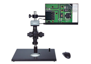 Insize AutoFocus 4K 17x 5310-DL401 microscope with stand, monitor showing a PCB and mouse