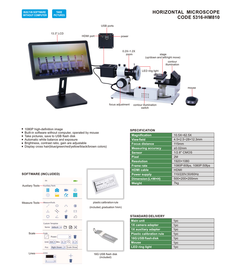 Ψηφιακό Mικροσκόπιο 1080p 10.5X-62.5X (Οριζόντιο) Insize