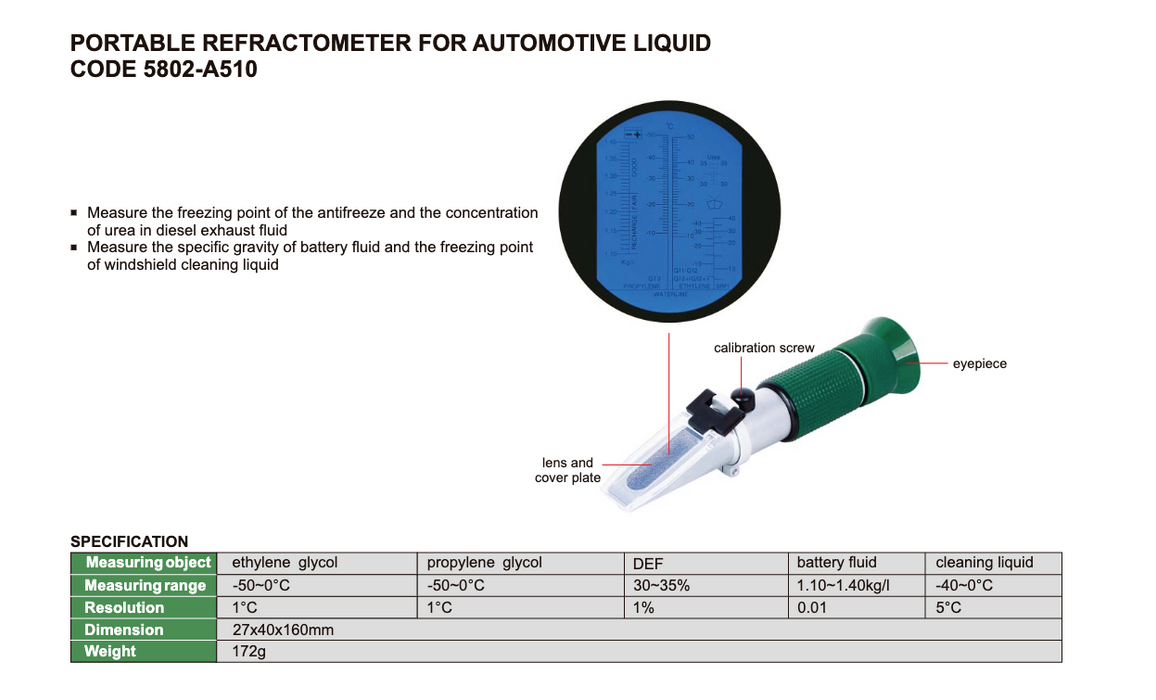 5802-A510 - Διαθλασίμετρο αντιψυκτικών υγρών, οξύ μπαταρίας, καθαριστικών προϊόντων