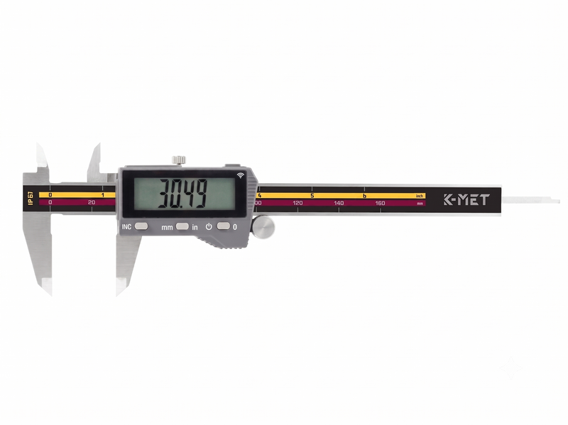 Kinex 6041-97 ψηφιακό παχύμετρο IP67 με Bluetooth, οθόνη ψηφιακή και κλίμακες mm/inch, μαύρο σώμα με χρωματιστές σκάλες.