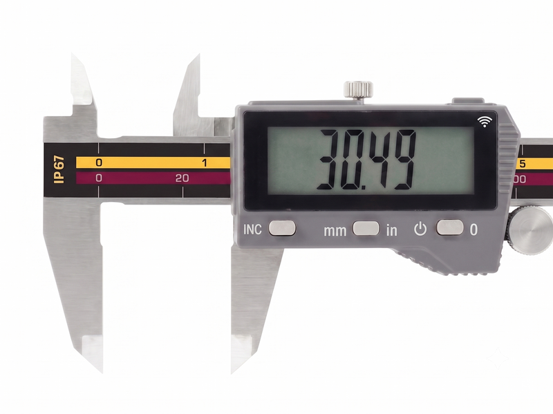 Kinex ψηφιακό παχύμετρο IP67 με Bluetooth 6041-97, οθόνη LCD και χαλύβδινες σιαγόνες μέτρησης, σε πλάγια όψη.