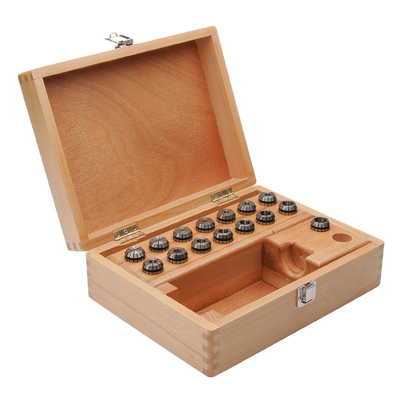 Ξύλινο κουτί Kemmler OZ-15μm Box με συλλογή 15 collet OZ 25, ανοιχτό με θήκες και μεταλλικά κλιπ κλεισίματος