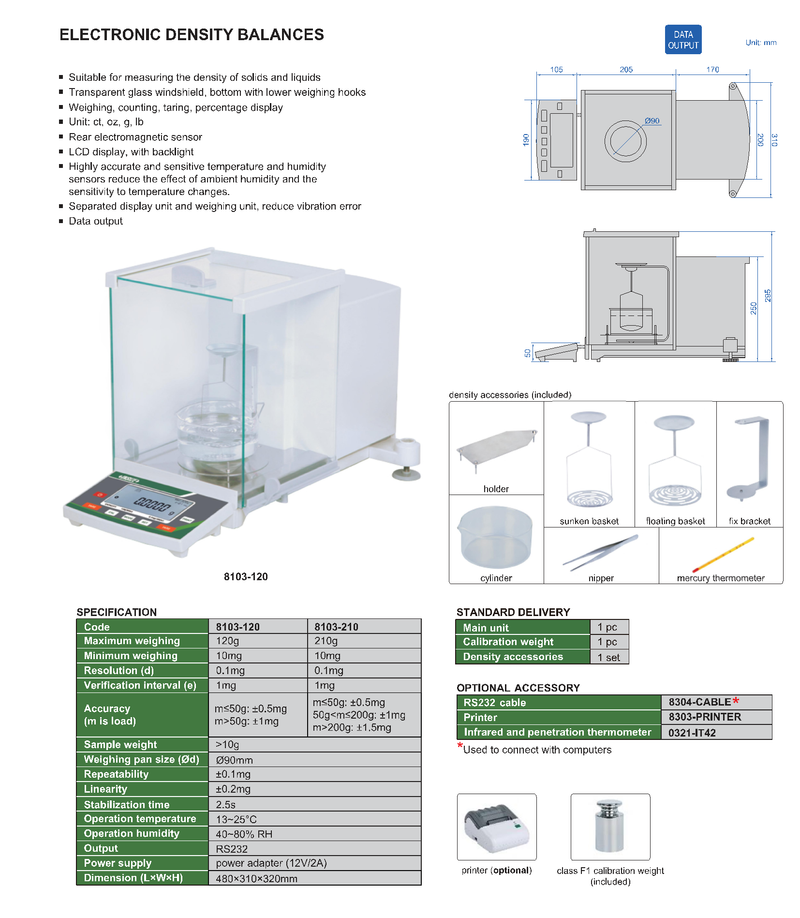 Ηλεκτρονικός Ζυγός Προσδιορισμού Πυκνότητας έως 210 gr