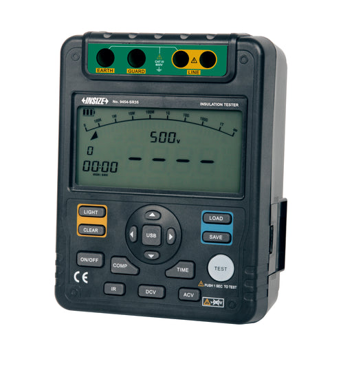 Μετρητής αντίστασης μόνωσης Insize 9454, μαύρος με μεγάλη LCD οθόνη, πλήκτρα USB και υποδοχές EARTH/GUARD/LINE