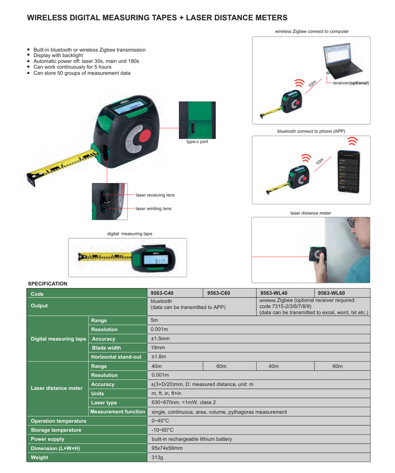 Ψηφιακό Mετρο με Laser Bluetooth Insize