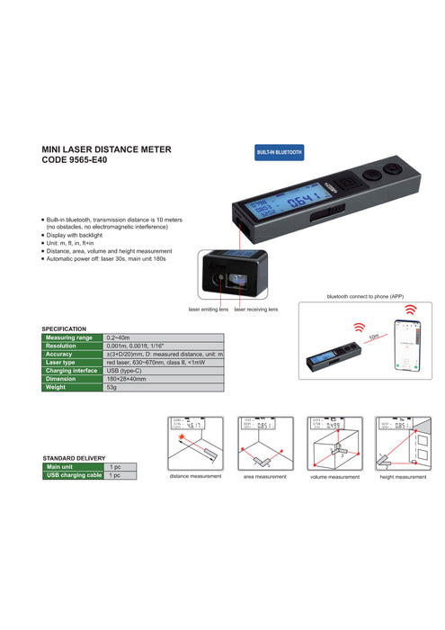 Mini Laser Distance Meter 0-40 m Bluetooth