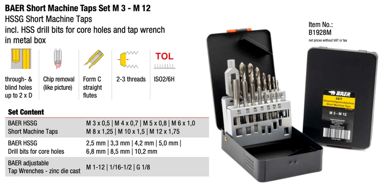 Σετ Κολαουζα Μηχανής HSS + Τρυπάνια | (M3-M12) Baer