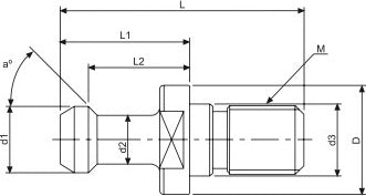 Τεχνικό σχέδιο διαστάσεων BT-510 Vertex - pull stud (L, L1, L2, D, d1-d4, γωνία κεφαλής BHTA, σπείρωμα M)