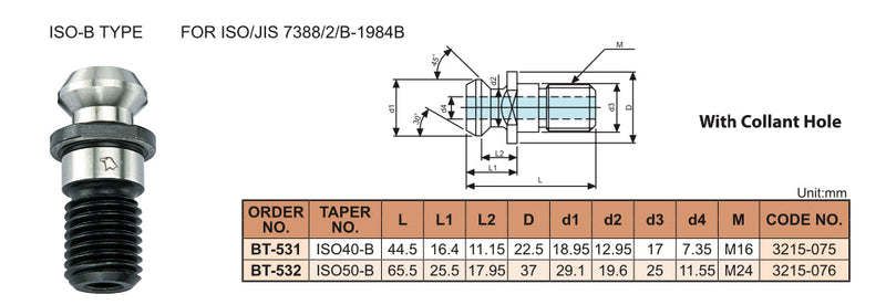 Τεχνικά χαρακτηριστικά BT-532 - Pull Studs ISO-B Type για ISO JIS 7388 2 B TYPE