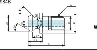 Τεχνικό σχέδιο διαστάσεων BT-532 Vertex - pull stud (L, L1, L2, D, d1-d4, γωνία κεφαλής BHTA, σπείρωμα M)