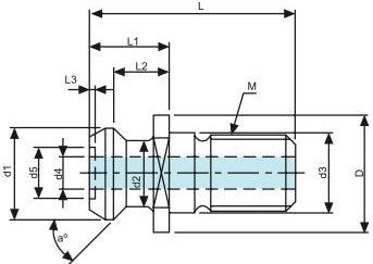 Τεχνικό σχέδιο διαστάσεων BT-533 Vertex - pull stud (L, L1, L2, D, d1-d4, γωνία κεφαλής BHTA, σπείρωμα M)