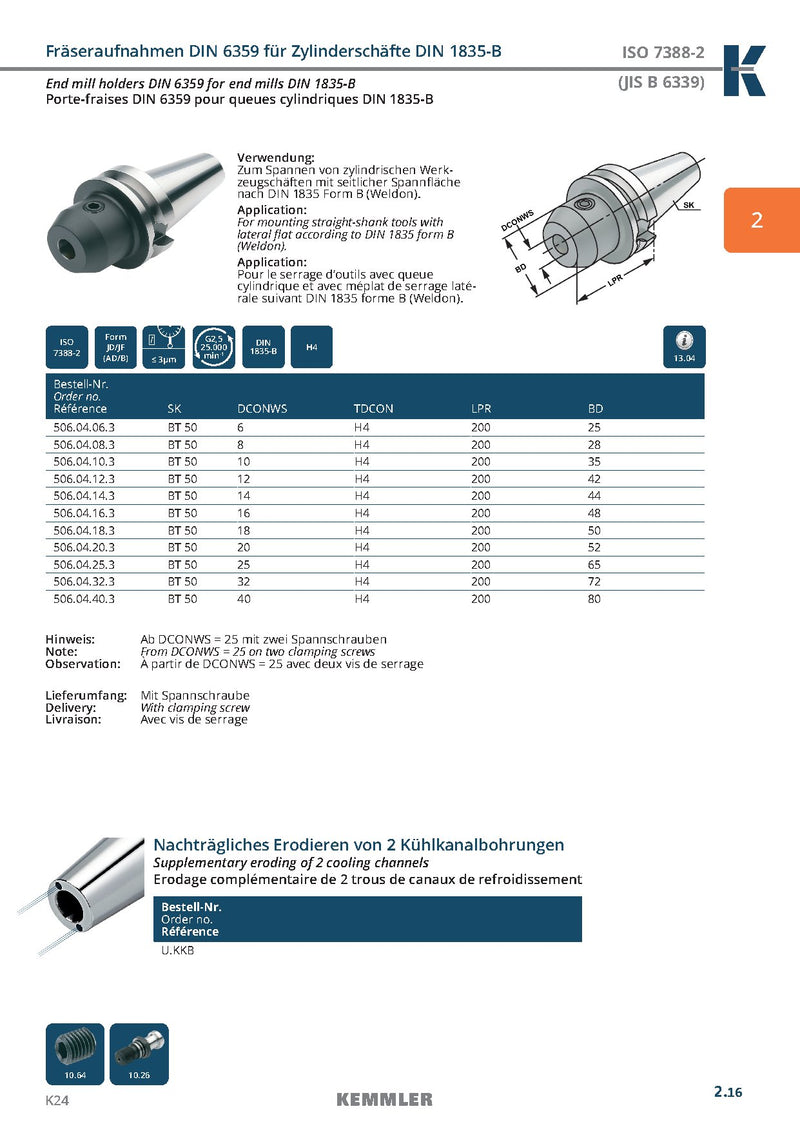 Τεχνικά χαρακτηριστικά BT-EMH2.5 (Kemmler) - Κώνος BT Weldon της Kemmler υψηλής ακρίβειας G2.5 στις 25.000RPM (σελ. 4)
