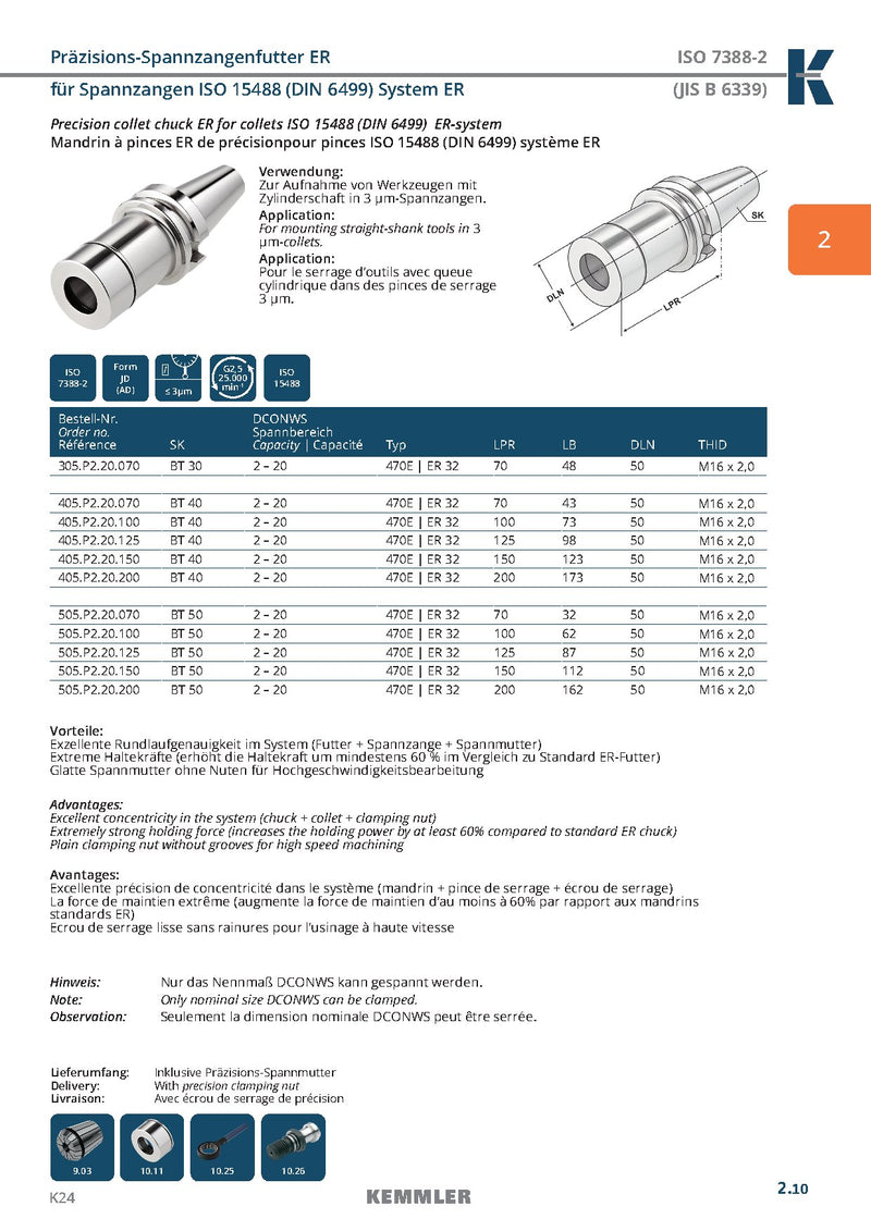 Τεχνικά χαρακτηριστικά BT-ER2.5 (High clamping force) - Κώνος BT της Kemmler για Collet ER υψηλής ακρίβειας G2.5 στις 25.000RPM (high clamping force) (σελ. 2)
