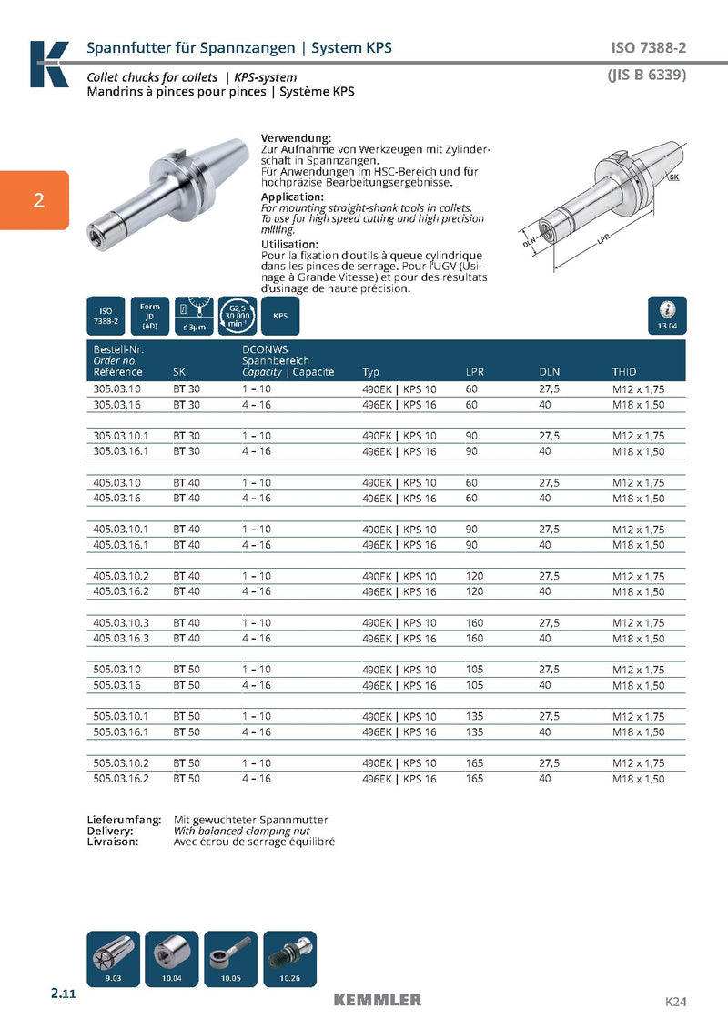 Τεχνικά χαρακτηριστικά BT-KPS (30,000 RPM) - Κώνος BT της Kemmler για Collet KPS υψηλής ακρίβειας G2.5 στις 30.000RPM (high speed) (σελ. 2)