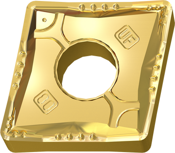 CNMG1204-UF gold-coloured turning insert with center hole, for steel finishing