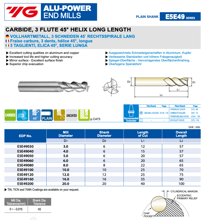 3-φτερο Κονδύλι Καρβιδίου για Αλουμίνιο ALU-POWER 45° Yg