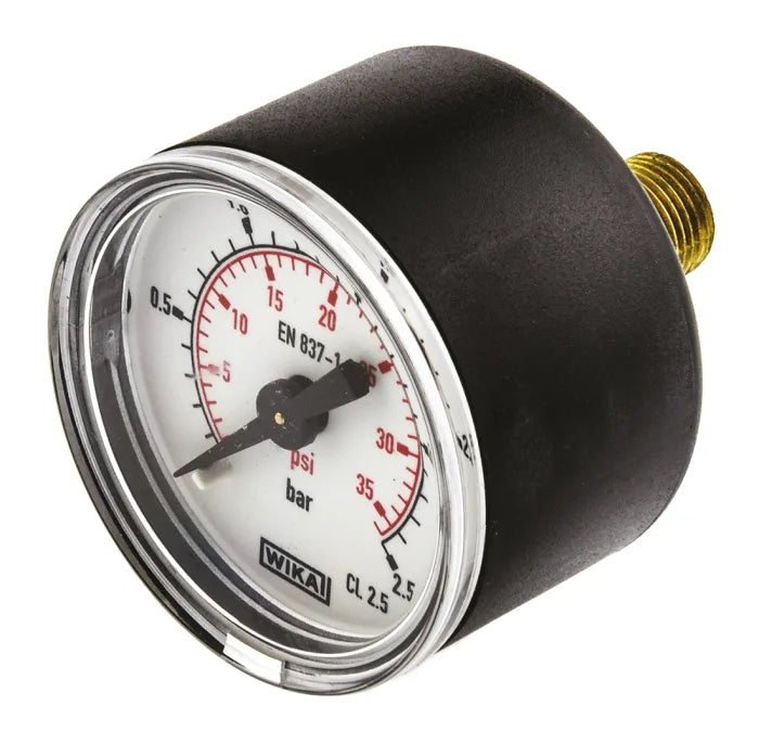 Αναλογικό μανόμετρο WIKA CL 2.5 με λευκό καντράν bar/psi, μαύρο σώμα και πίσω σπείρωμα xxx.100.02.xx