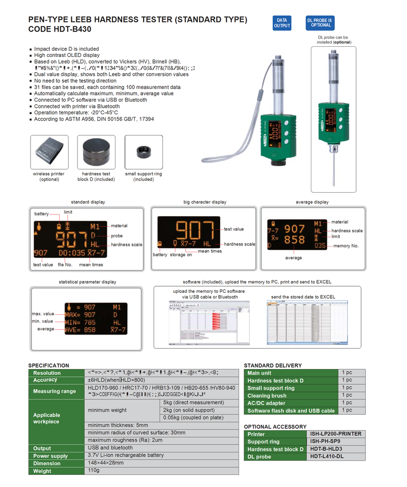 Φορητό σκληρόμετρο τύπου Leeb - Pen-Type - USB - Bluetooth