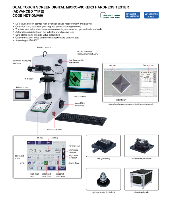Desktop digital Micro-Vickers hardness tester - 2 touch screen displays - Built-in printer - USB