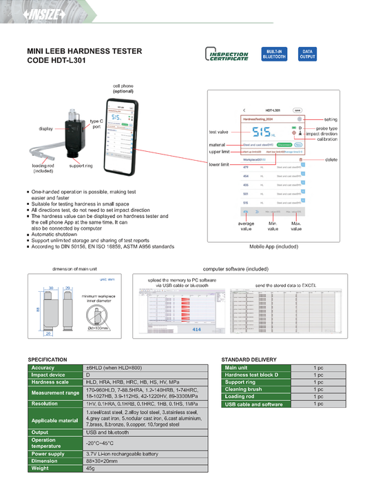 Portable Mini Leeb rebound hardness tester - Bluetooth - DATA OUT - Software