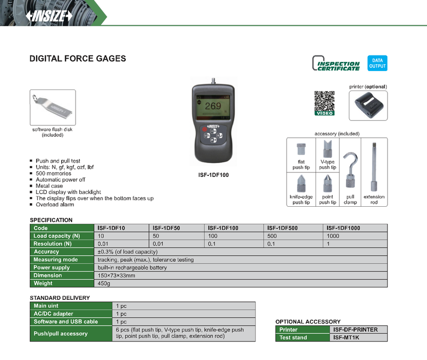 Digital tension-compression dynamometer (Newtonmeter Push-Pull) 10...1000N