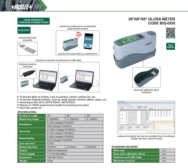Insize ISQ-DG8 στιλπνόμετρο γωνίας 20°/60°/85° με Bluetooth, γκρι-μαύρο, με βάση βαθμονόμησης.