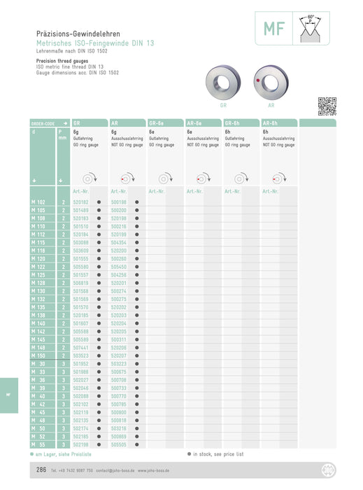 MF Ring Gauge for Metric Thread 6g (Standard) M11-M21