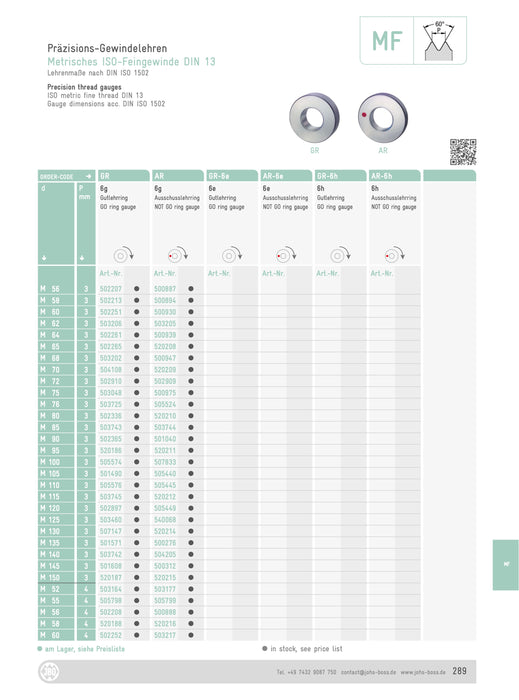 MF Ring Gauge for Metric Thread 6g (Standard) M11-M21