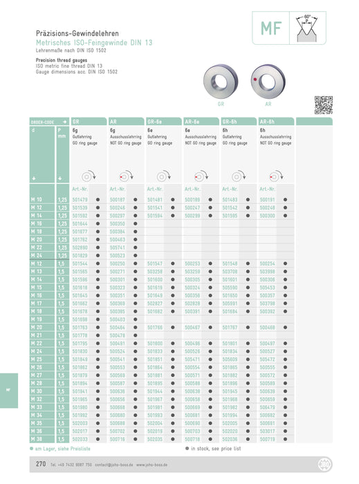 MF Ring Gauge for Metric Thread 6g (Standard) M88-M122